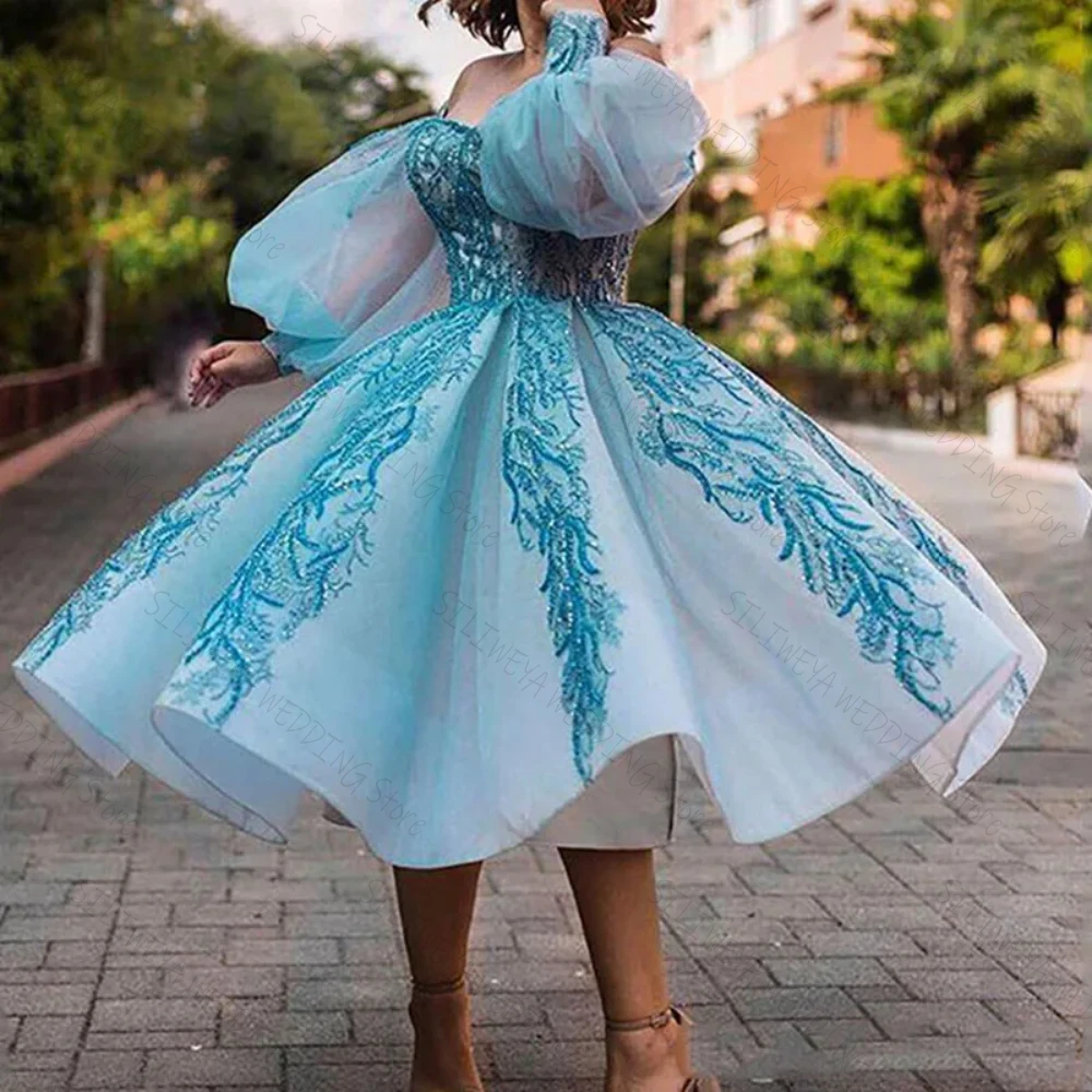 

Sky Blue Tea-Length Prom Dress Puff Sleeves Sweetheart Lace Appliques Evening Gown New Arrival Custom Made Vestidos De Gala