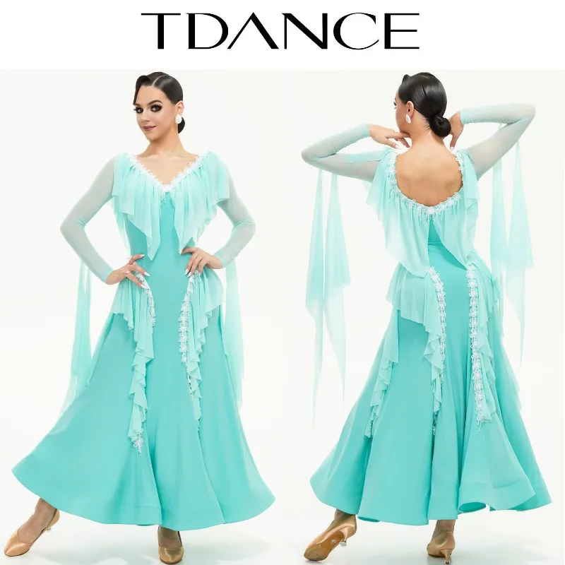 Customized TDANCE Balloom Modern Performance Dress Waltz Social Dance Elegant Light Color Large Swing Fishbone Skirt SM14