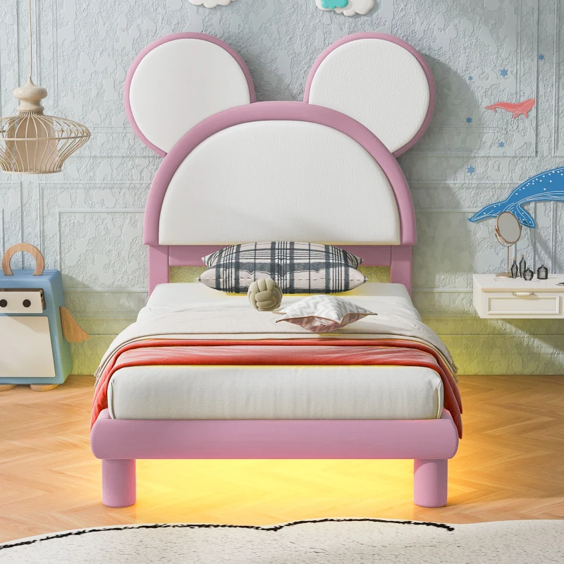 Estofados Plataforma Cama com Cartoon Orelhas Em Forma Cabeceira, LED, Branco e Rosa, Twin Tamanho