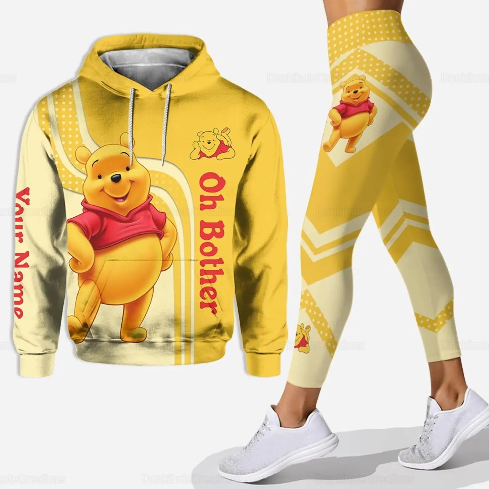 Personalizado winnie the pooh 3d moletom com capuz feminino calças de yoga conjunto disney yoga leggings moletom com capuz moda esportes terno