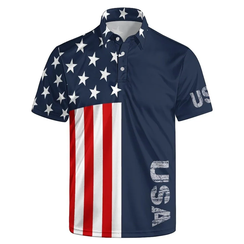 Moda USA Flag Pattern Polo per uomo T-Shirt a maniche corte con stampa 3D vendita calda Street Summer Button T-Shirt con risvolto allentato