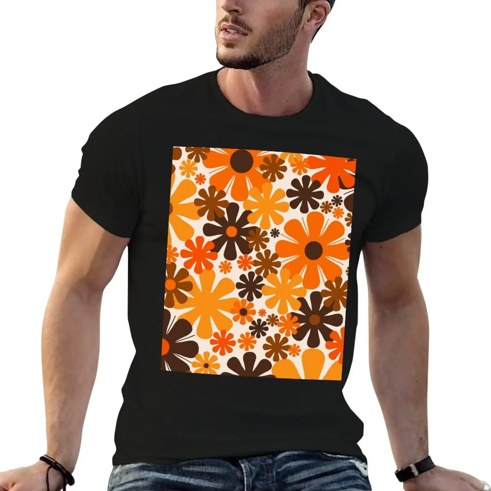 

Retro 60s 70s Aesthetic Floral Pattern in 1970s Dark Brown Beige Orange T-Shirt summer clothes anime tshirt men t shirts