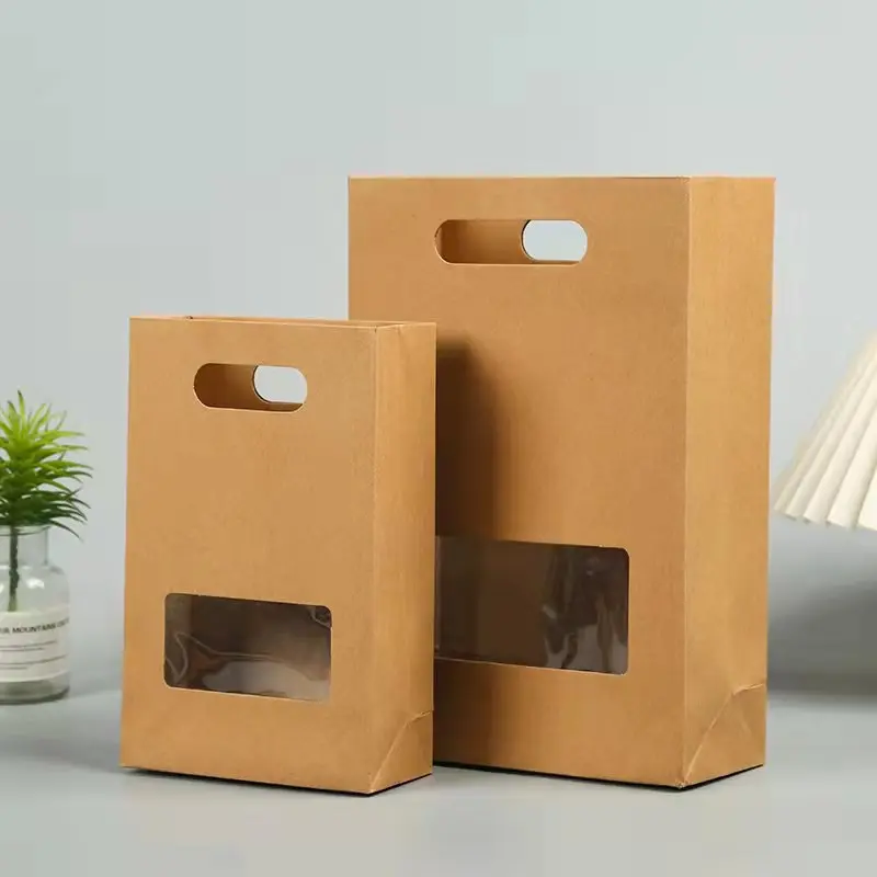 

20 шт., подарочные пакеты из толстой крафт-бумаги с прозрачной оконной ручкой, сумки для покупок для упаковки торта, подарочная розничная торговля и подарочная торговля