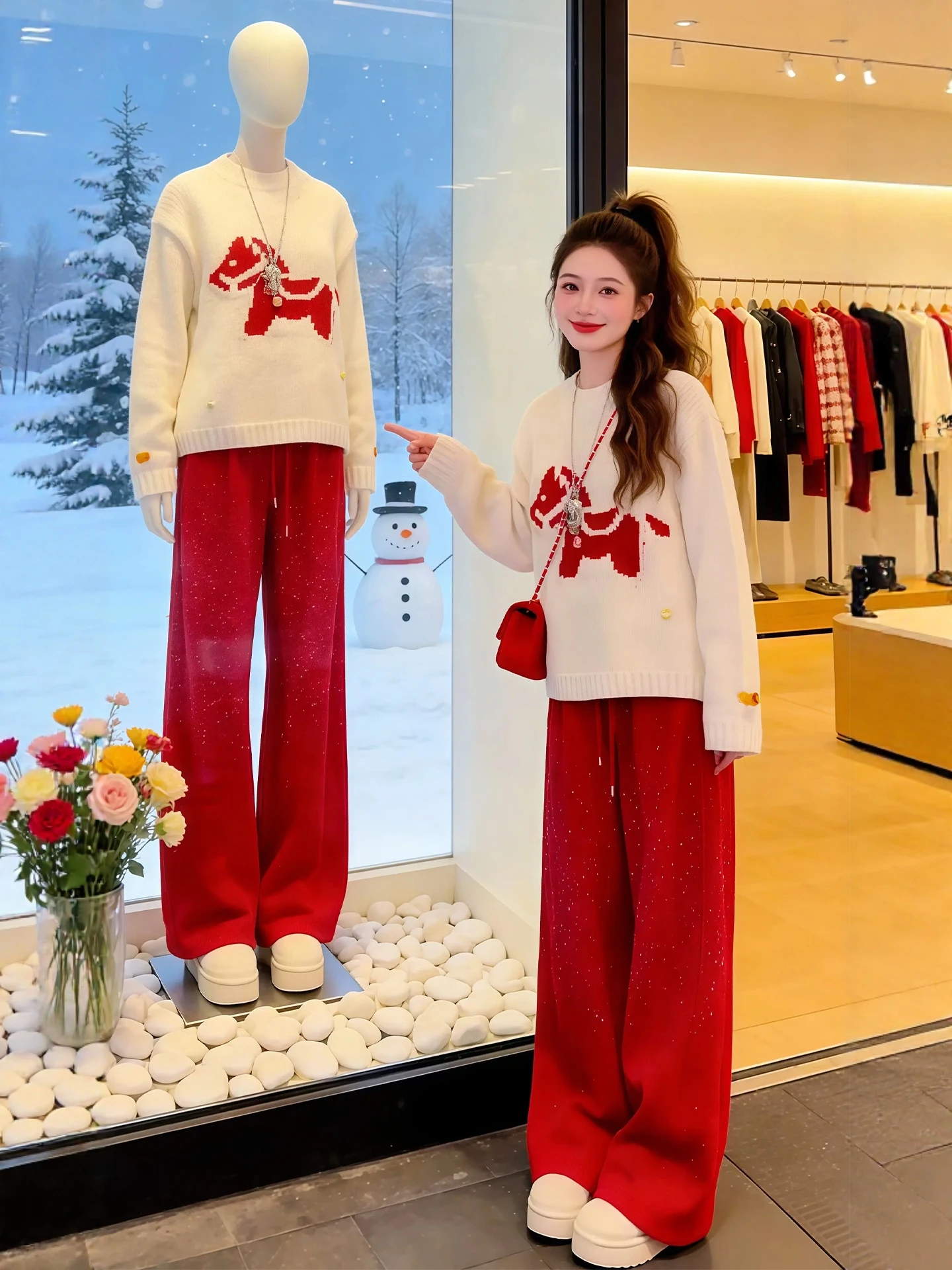 Winter Knitted Sweater And Casual Pants Set for Women plus Size Festive New Year's Ensemble Bright Sequin Detailing Year