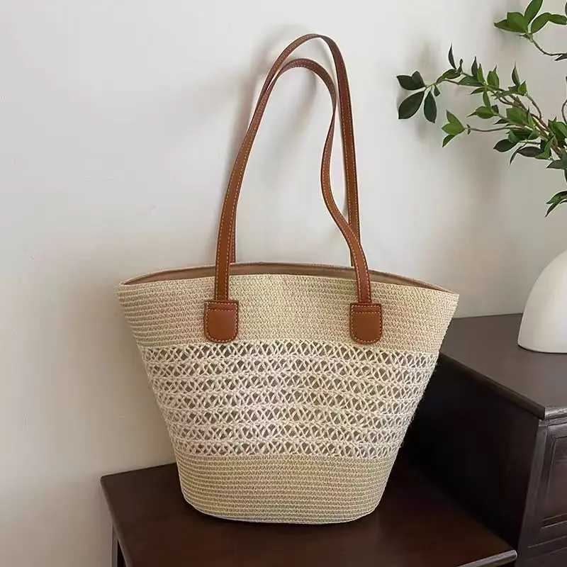 

2025 женская летняя пляжная соломенная тканая сумка, новая модная сумка через плечо большой вместимости, большая сумка
