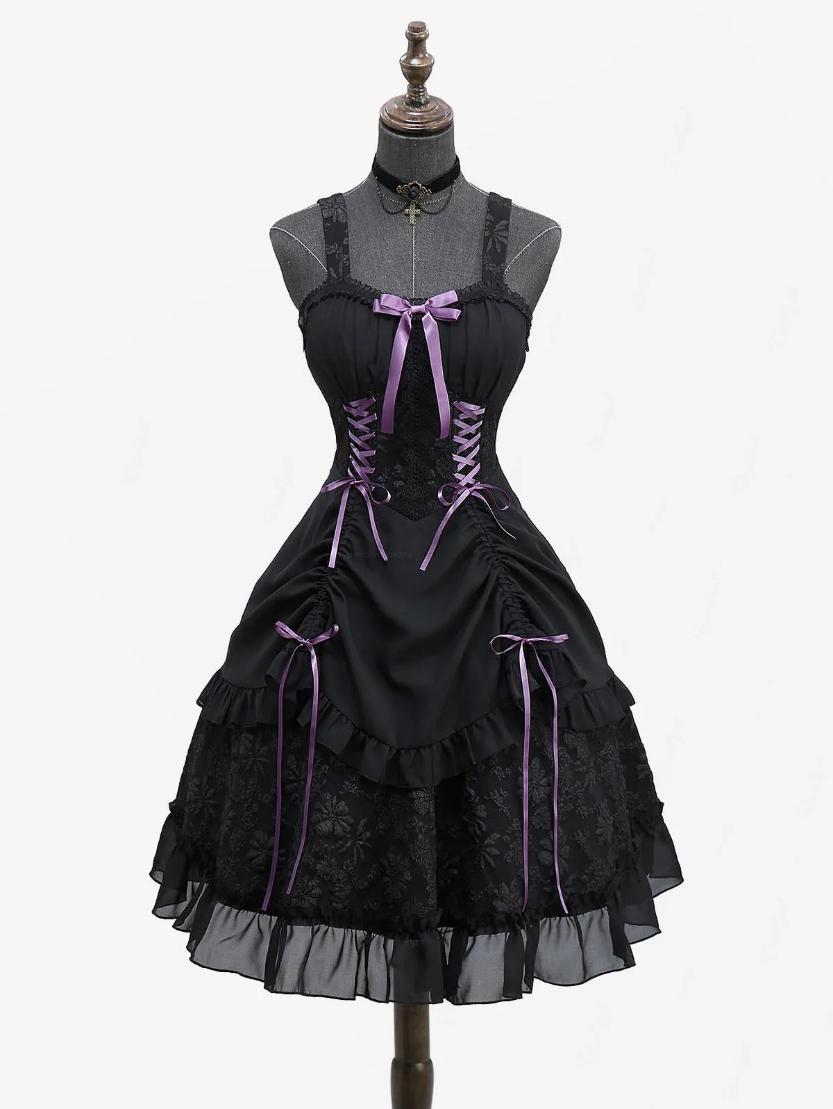 

ROSEGAL Gothic Daisy Flower Jacquard Bowknot Cinched Lace Up Ruffles Chiffon Trim Patchwork A Line Tank Dress