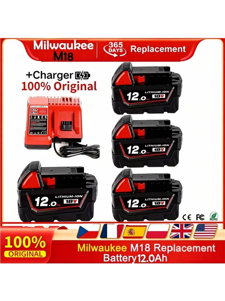 18V 12.0Ah vervangende batterij, compatibele Milwaukee M18 - 15 cellen 21700 oplaadbare Li-ion batterij M18 - 48-11-1815 model - afbeelding 2
