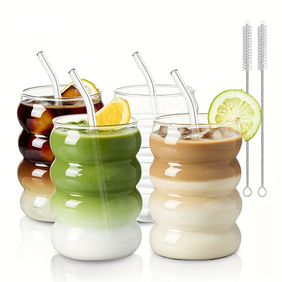 2 Kaffeetassen aus Borosilikatglas, 350 ml/11,8 Unzen, mit Strohhalm und Pinsel, Vintage-Wimpel-Design, transparentes ästhetisches Trinkgeschirr