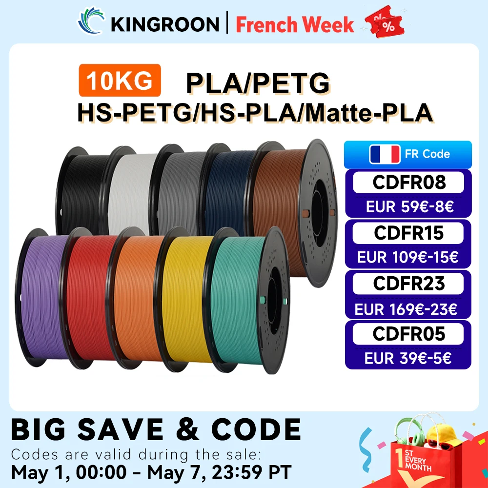 KINGROON 10KG(22LBS) PLA PETG HS-PLA HS-PETG Filament 1.75mm matériau d'imprimante 3D haute vitesse mat PLA 1kg * 10 rouleau mélange de couleurs