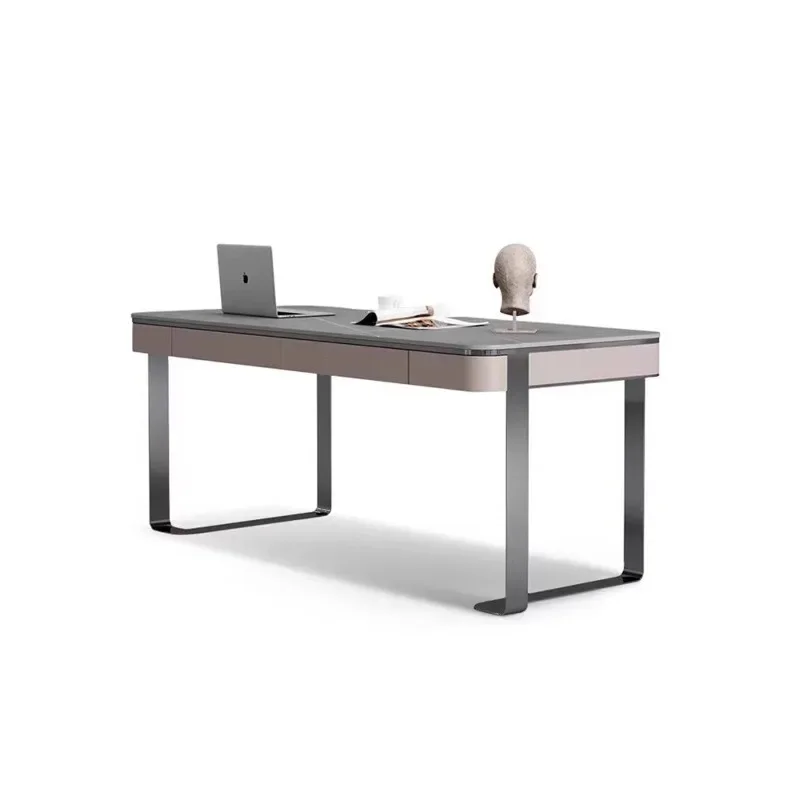 

Italian light luxury integrated rock slab desk chair combination desk household modern simple stainless steel computer desk