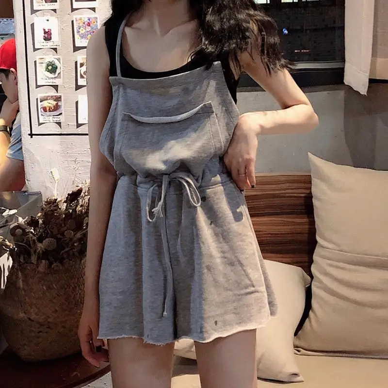 Summer  Korean Sle High Waist Slimming Strap Onesie orts Women's Loose Faionable Casual Pants Tee-Quarter Length