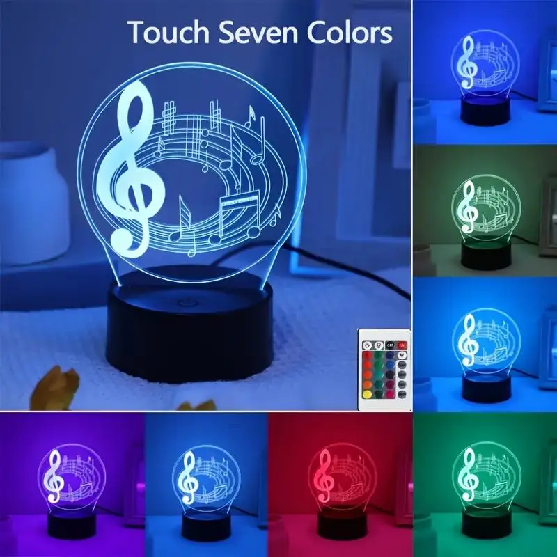 Musical Note 3D Night Light LED Optical Illusion Lamp with Touch Control 7 Color Atmosphere Light Bedroom Bedside Office Decor