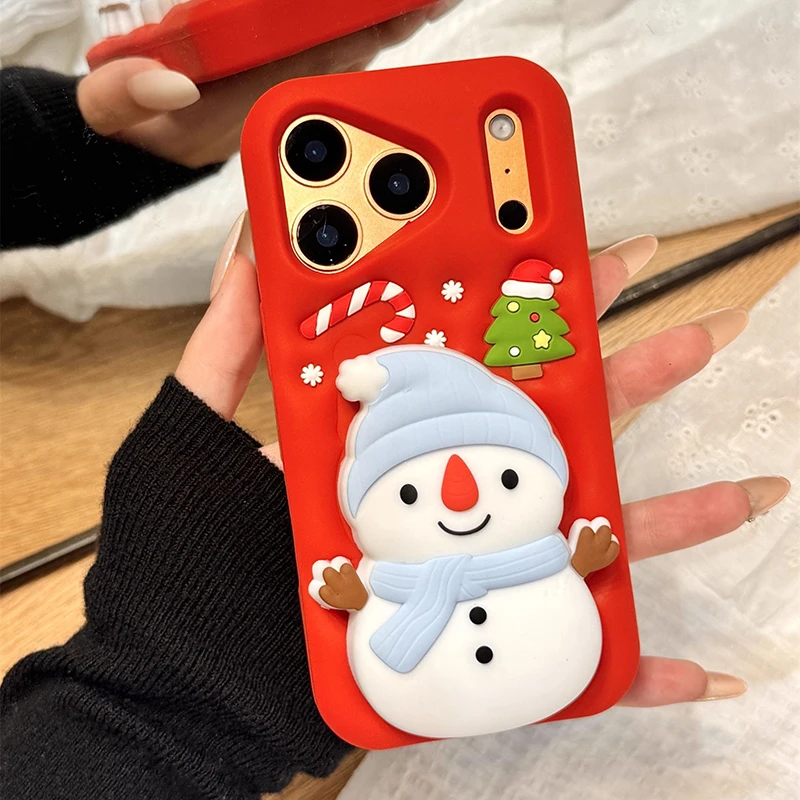 

Christmas Tree Cute 3D Snowman Holder Stand Phone Case For iPhone 17 Pro Max 16 15 14 13 Air Shockproof Soft Silicone Back Cover