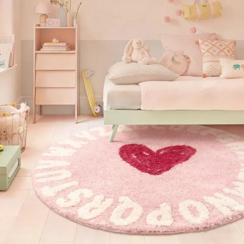 80x80cm Round Tufted Rug Cute Pink Heart Letter Plush Floor Mat Non Slip Bedroom Bedside Computer Chair Room Decor Carpet
