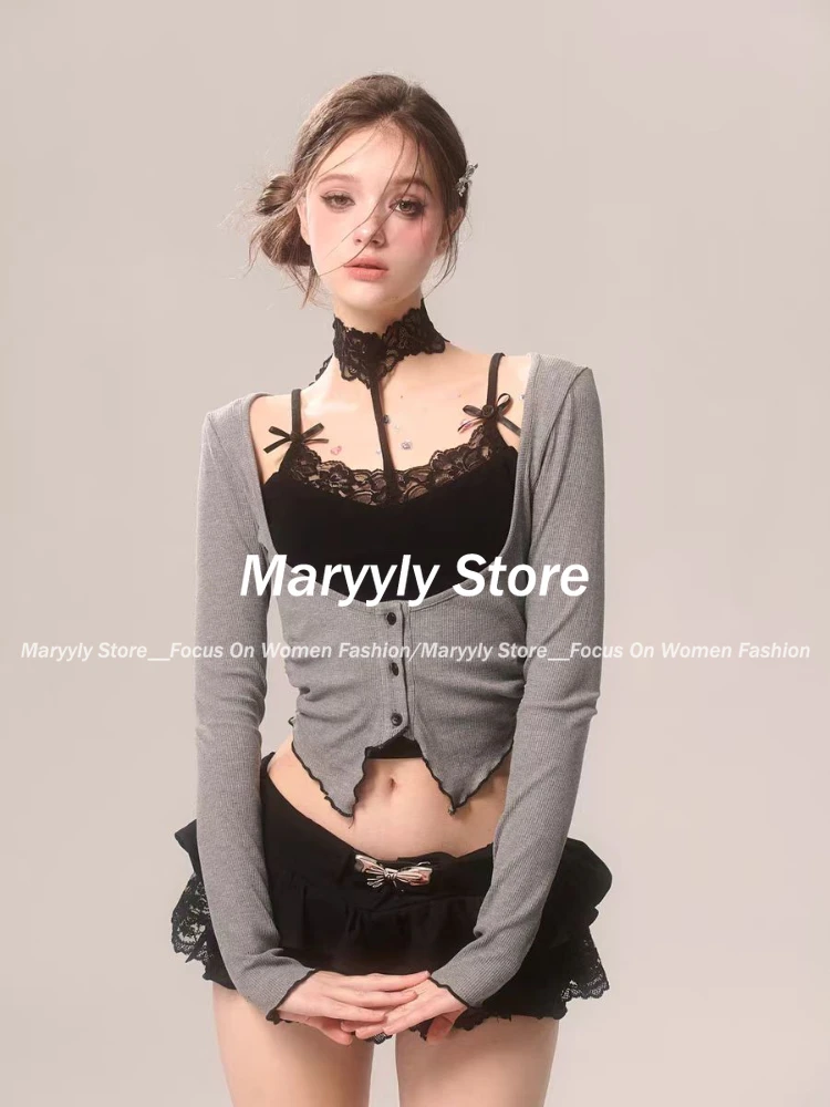 2024 Fernch Sweet Hot Girl Skirt Suit Women Sexy Lace Slim Y2k Crop Tops + High Waist Mini Skirt Fashion Outfits 2 Piece Set New