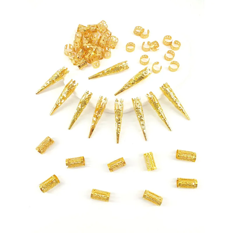 50 Buah Cincin Gimbal Berongga Emas-Aksesori Rambut Kepang Paduan Antik DIY untuk Bola, Pesta & Perjamuan