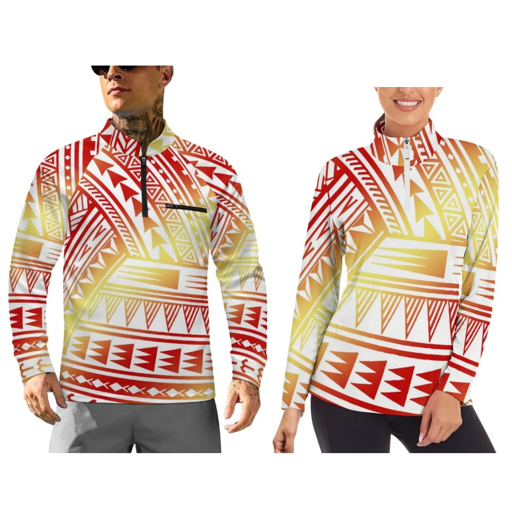 Long-Sleeved Sportswear Couple Outfits With Customizable Patterns Featuring Polynesian-Style Printed Long-Sleeved Sportswear