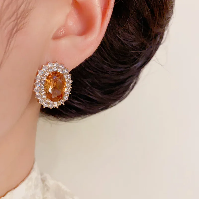 Light luxury fashion micro-inlaid zircon oval stud earrings exquisite versatile super flash ring