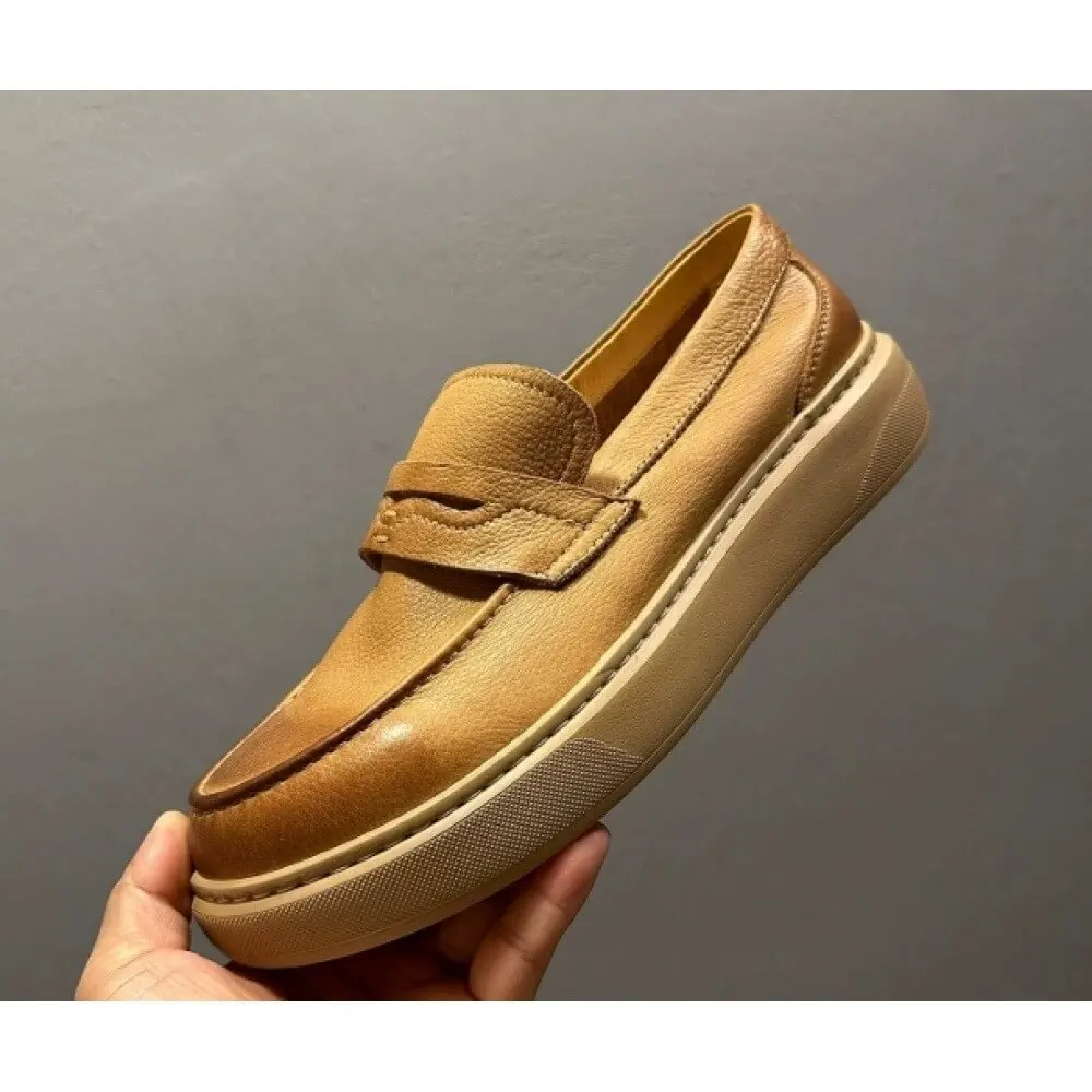 Handcrafted Tan Leather Platform Loafers – Superior Craftsmanship, Modern Minimalist Appeal