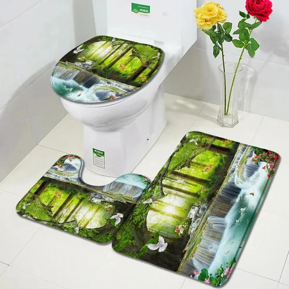 Waterfall Nature Landscape Design Bathroom 3 Piece Set Mats Home Flannel Decorations and Accessories Floor Rugs Toilet Lid Cover