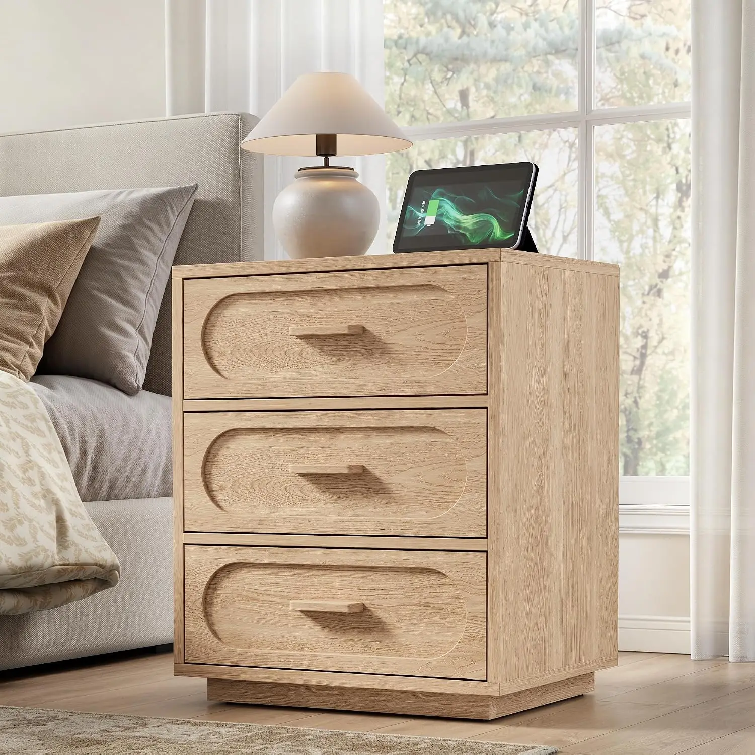 25.8" Tall 3-Drawer Nightstand with Charging Station, Natural | Type-c/USB/2 AC Outlets,Unique Panel Design, Solid, Customized