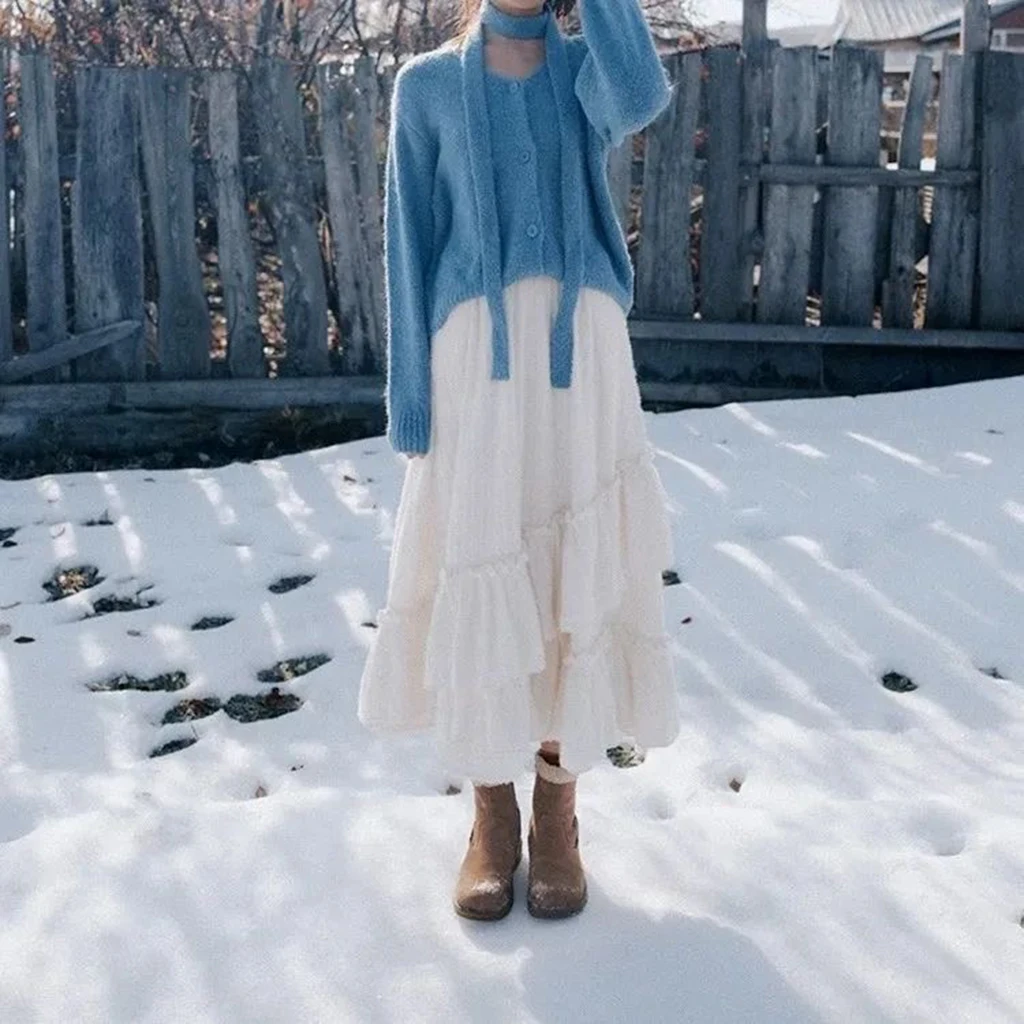 Irregular ruffled lace women's short skirt 2025 new autumn and winter high-waisted solid elegant mid-length women's skirt