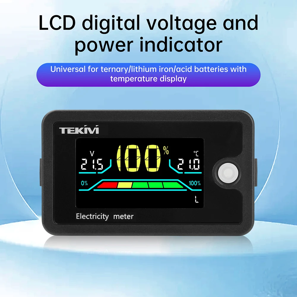 DC 8–100 V LCD Digital Voltage Meter and Battery Level Indicator, Universal Battery Level Meter with Temperature Display
