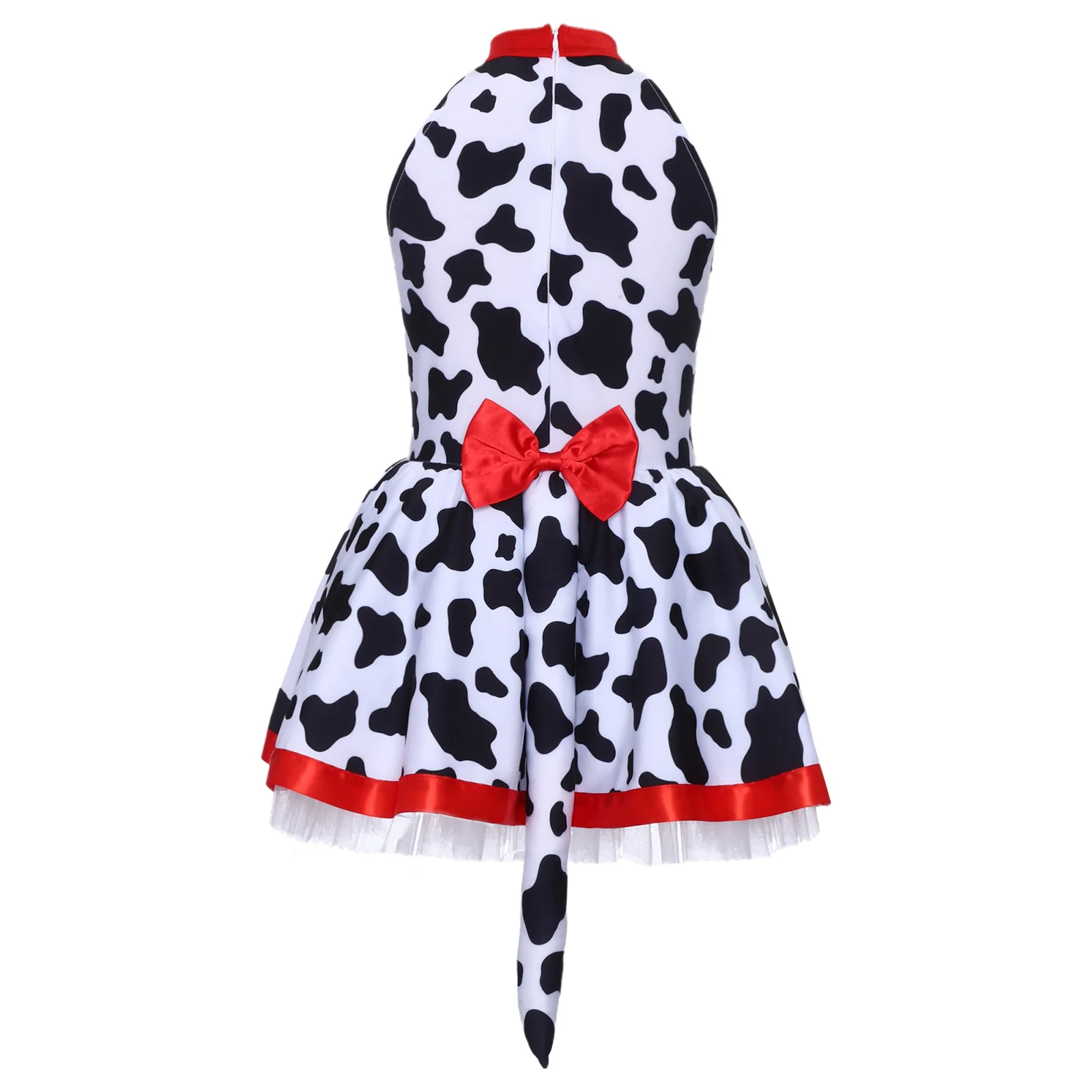 Children Girls Halloween Theme Party Dalmatians Spotted Dog Cosplay Costume Sleeveless Printed Mesh Leotard Dress with Tail