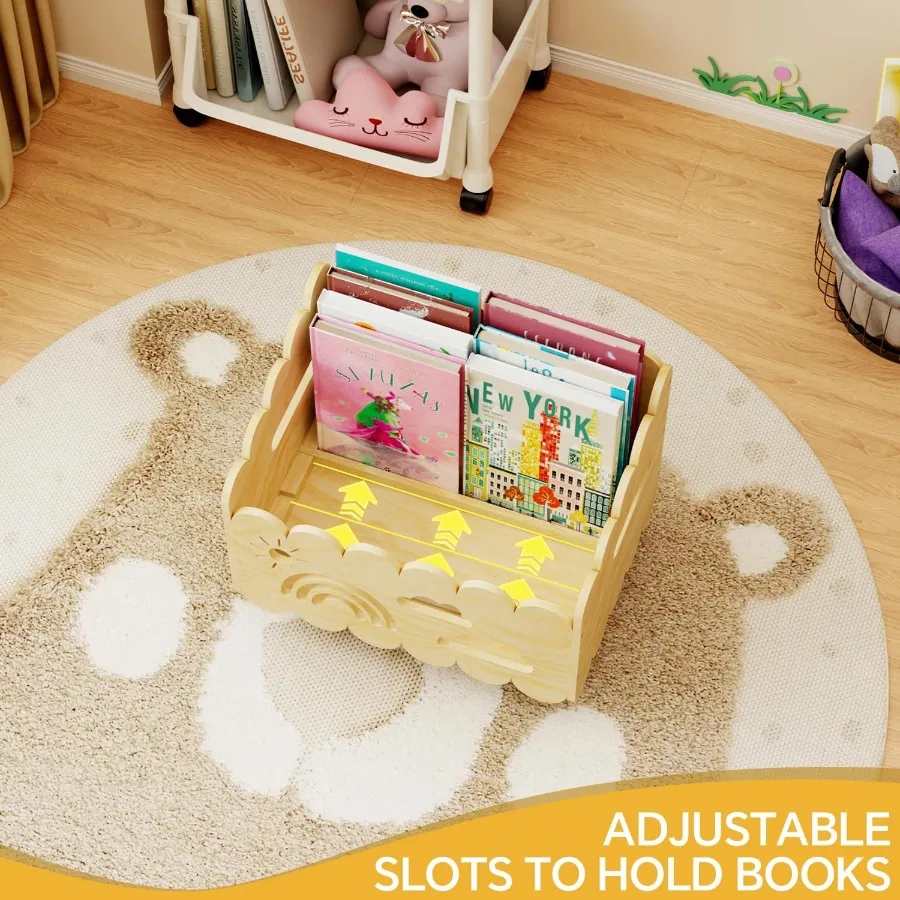 Estante de madeira Montessori com 2 divisórias ajustáveis e 4 rodas para uso em quartos, berçário e configurações de sala de aula Ide