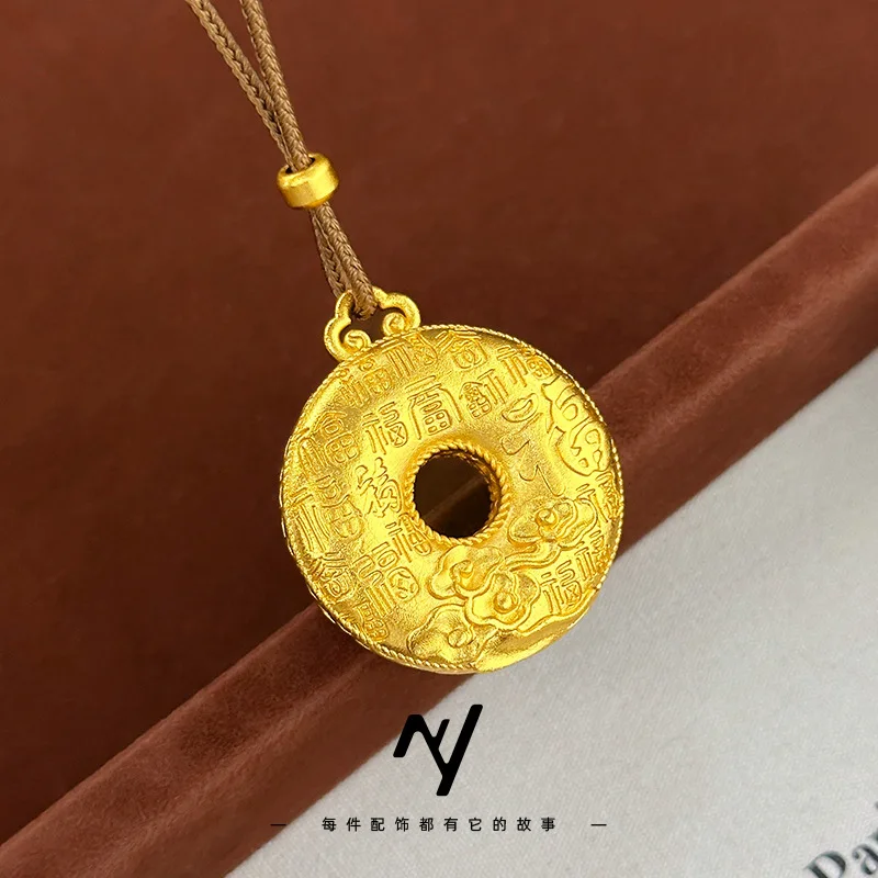 

Real 24k Gold 9999 Hollow Xiangyun Baifu Safety Buckle Pendant Braided Rope Necklace for Women Fine Jewelry