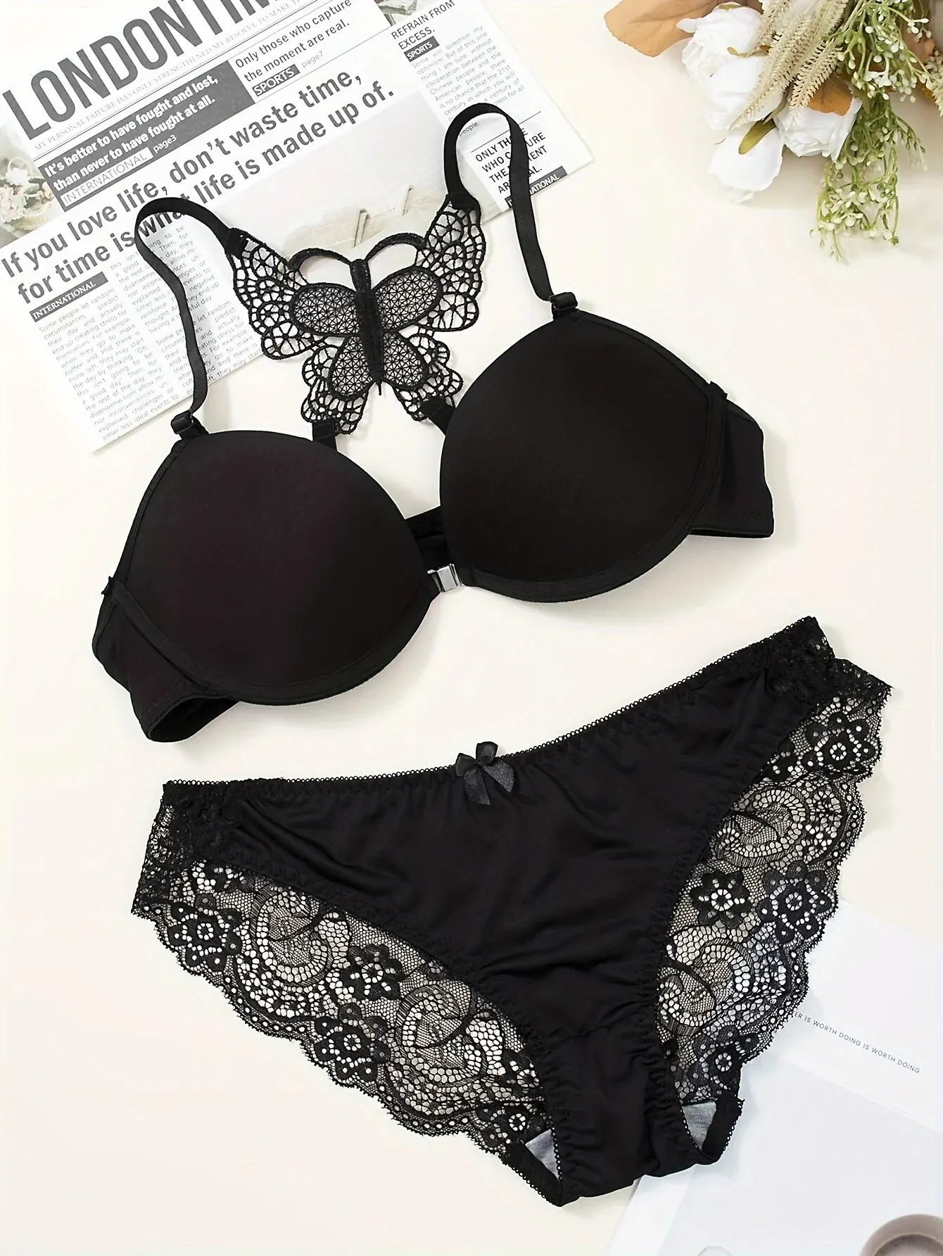 1 Piece Lace Stitching Bra   Panties Front Buckle Push Up Bra  Scallop Trim Panties Lingerie Set  Women\'s Lingerie Underwear