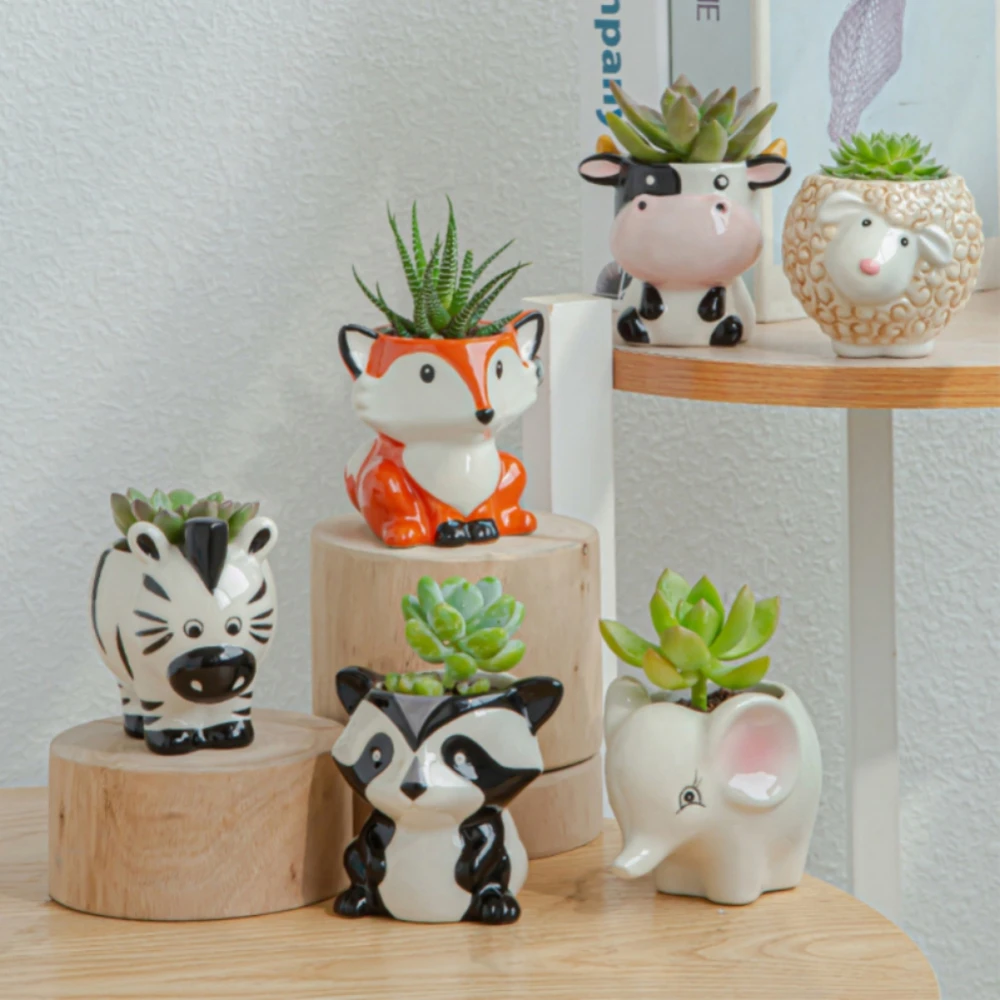 Nordic Ceramic Animal Flower Pot Cartoon Zebra Sheep Cow Head Mini Pot Succulents Plants Bonsai Pots Home Garden Decoration