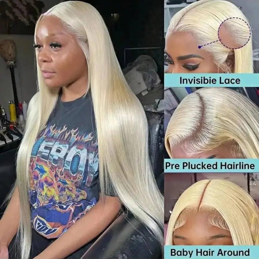 200% 613 cabello humano liso de hueso rubio miel 13x4 HD pelucas frontales de encaje transparente 34 pulgadas brasileño prearrancado con pelo de bebé
