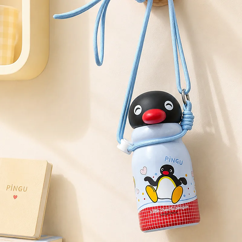 Pingu Penguin Insulated Water Bottle Portable Stainless Steel Cup With Strap Cute Travel Drinkware Practical Gift