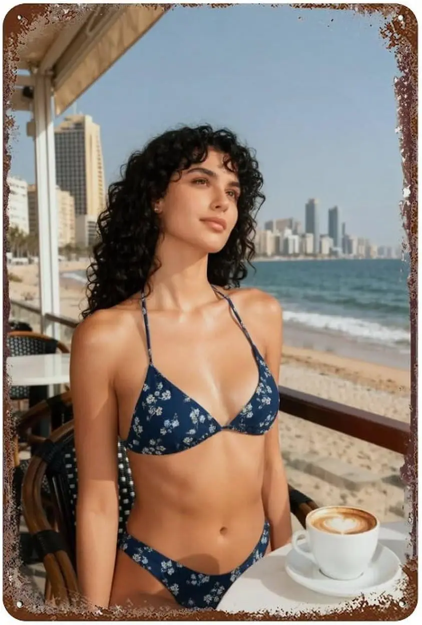 Bikini Sexy Woman Glamorous Curves Metal Tin Sign   | Perfect for bedroom, lounge, patio, pool house, vacation cabin, tiki bar,
