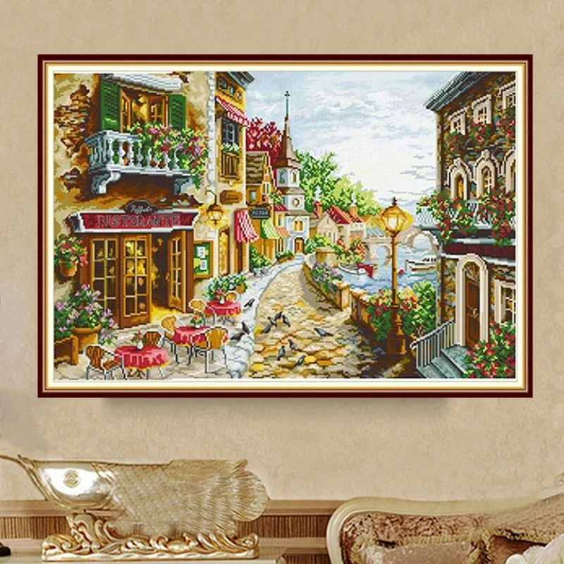 

Romantic Small Town Oil Painting Street Scene Cross Stitch Cafe Restaurant Scenery Self Embroidery European Style Cotton Fabric