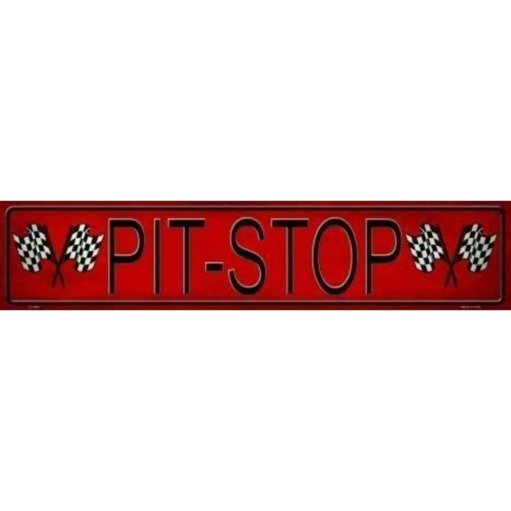 16"x4" (40x10cm) Retro Vintage Pit Stop Metallstraßenschild – Karierte Flaggen und rotes/schwarzes Design, rustikale, langlebige Dekoration für die Garage