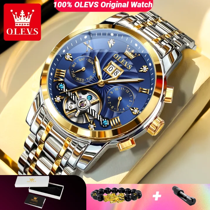 

OLEVS 9910 Men's Watch Multi-functional Skeleton Hollow Stainless steel Waterproof Luminous Automatic Mechanical Wristwatch for
