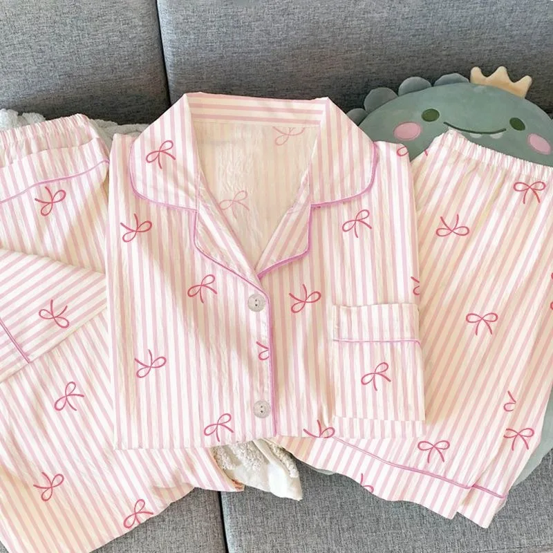 

New Women's Spring and Fall Pajamas Homewear Set Wrinkled Cloth Sweet Girl Students Long-Sleeved Casual Pajamas Homewear Set