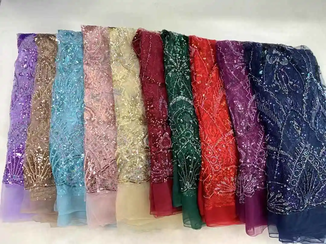 African Lace Fabric 2024 Sequins Beaded Embroidery Groom Nigerian High Quality French Tulle Lace Fabric For Wedding Dress