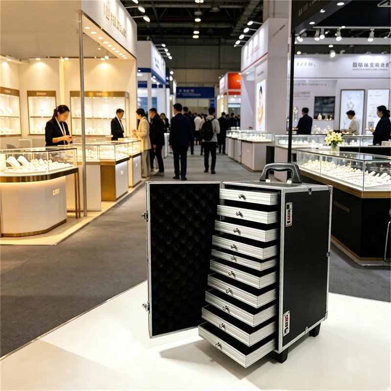 Black Rolling Jewelry Trolley Case - 10 Drawer Trays for Travel & Vendor Display - Mobile Storage for Jewelry Sets