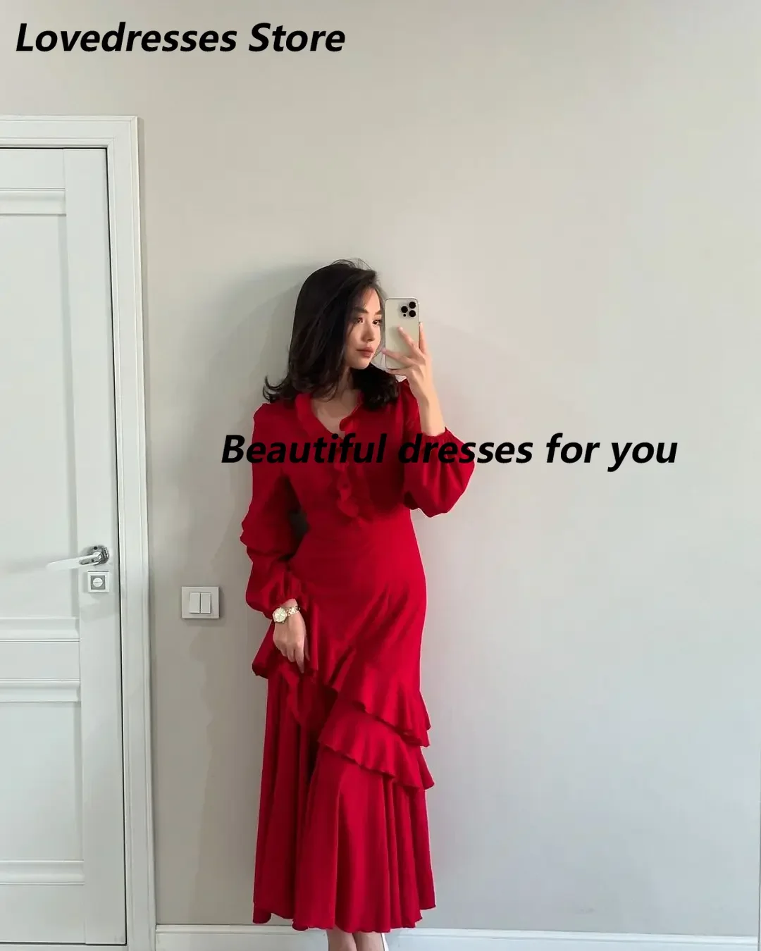 Customized Vintage Red Formal Women Evening Dresses Long Sleeves Prom Dresses V Neck Pleated Ankle Length Cocktail Party Dresses