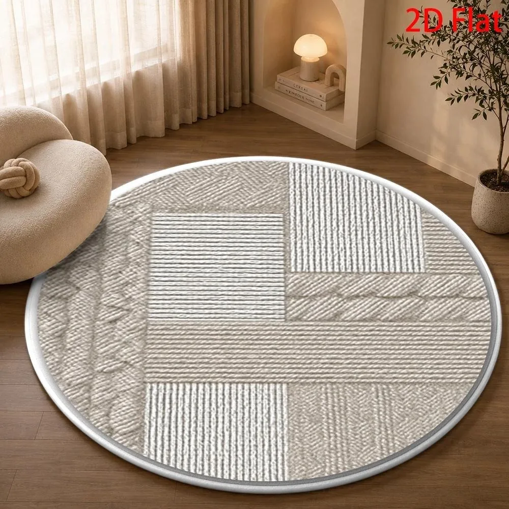 Minimalist Neutral Geometric Round Rug, Grey Beige Overlapping Curved Circle Stripe Print Circular Floor Mat for Living Room