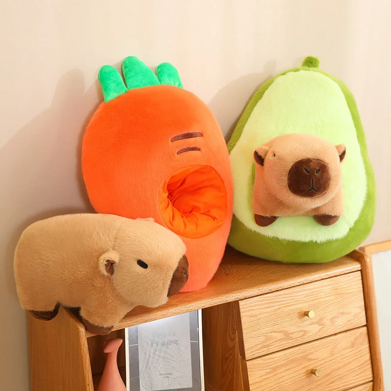 

Brown Capybara in Fruit Pillow Stuffed Carrot Avocado Banana Strawberry Soft Cushion Combined Plushie Present