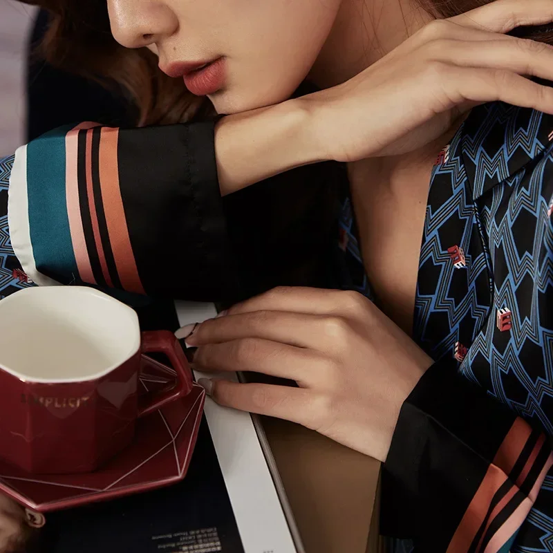 Women's Pajamas Set Instagram Style Stripes Sleepwear Silk Like Nightgown Leisure Homewear Clothes Nightwear pyjama pour femme