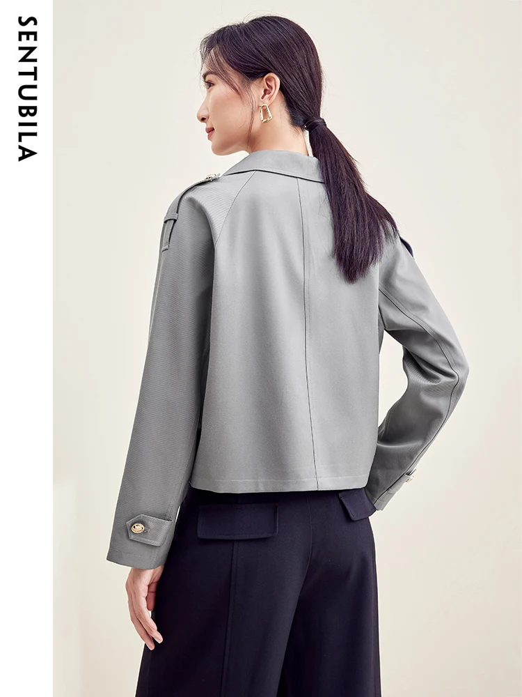 SENTUBILA Grey Cropped Trench Coat Women 2024 Autumn New in Outerwear Long Sleeve Double Breasted Notched Short Jackets Clothing