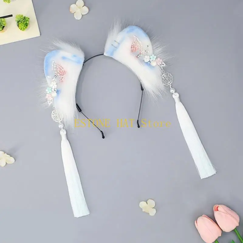 49MF Students Ear Headband with Fringe Decors Chinese Carnivals Hair Decors