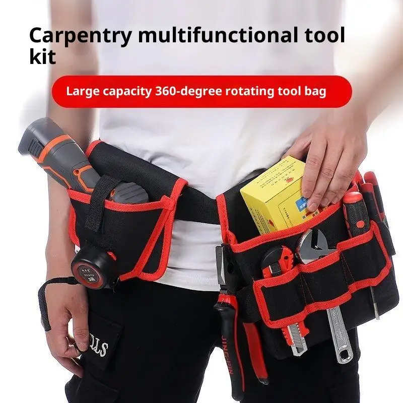 1pc 360 Rotating Electrician Tool Bag Waterproof Adjustable Waist Belt Pouch Multiple Pockets Wear-resistant Tools Storage Bag
