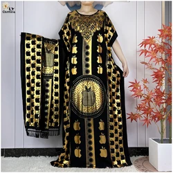 Vestido maxi de algodão solto para mulheres, roupão de manga curta, cachecol grande, boubou estampado dourado, islã feminino, roupas abaya africanas, verão, novo