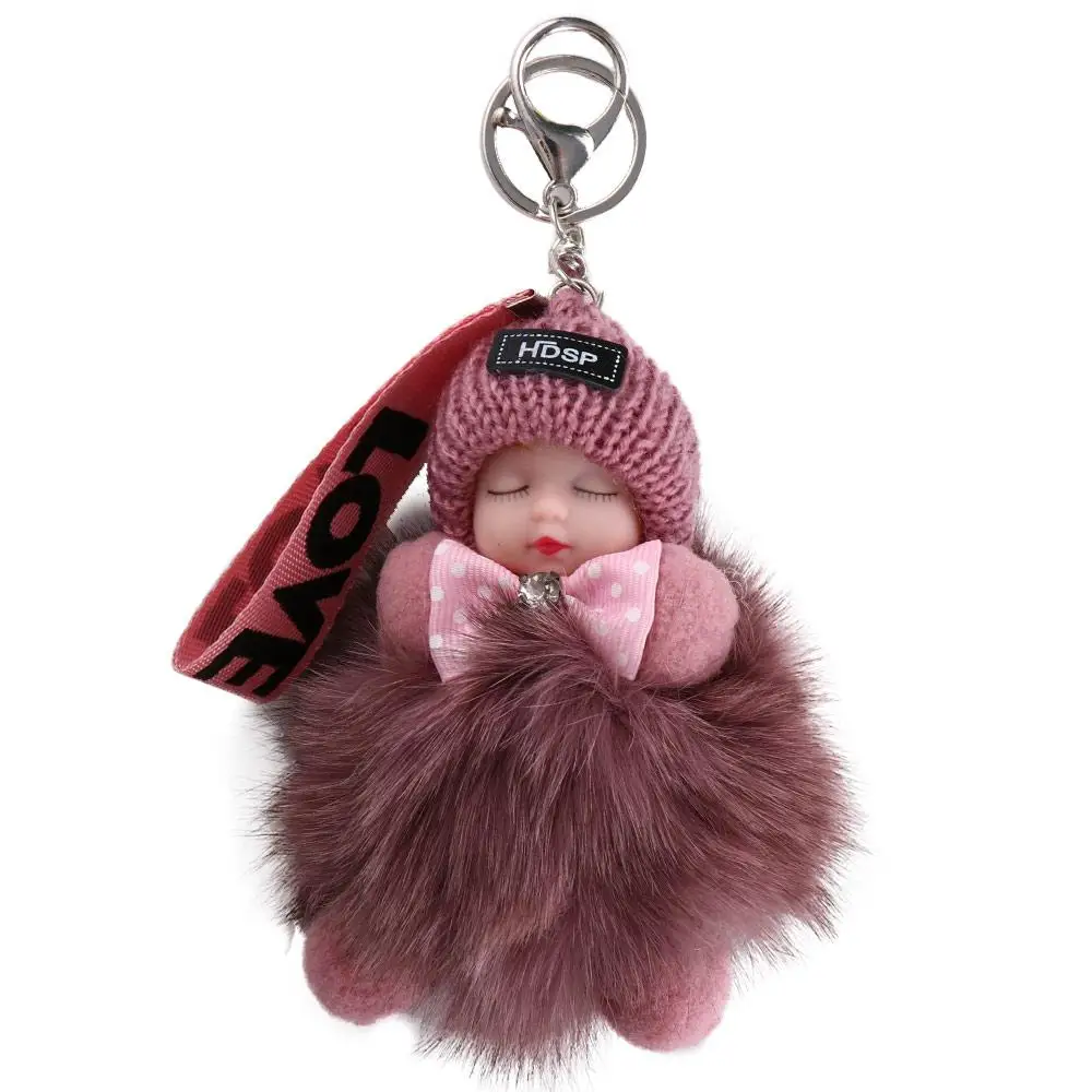 

Cute Colorful Jewelry Gift Backpack For Girls Ball Pendant Sleeping Baby Keychain Fluffy Pompom Keyring